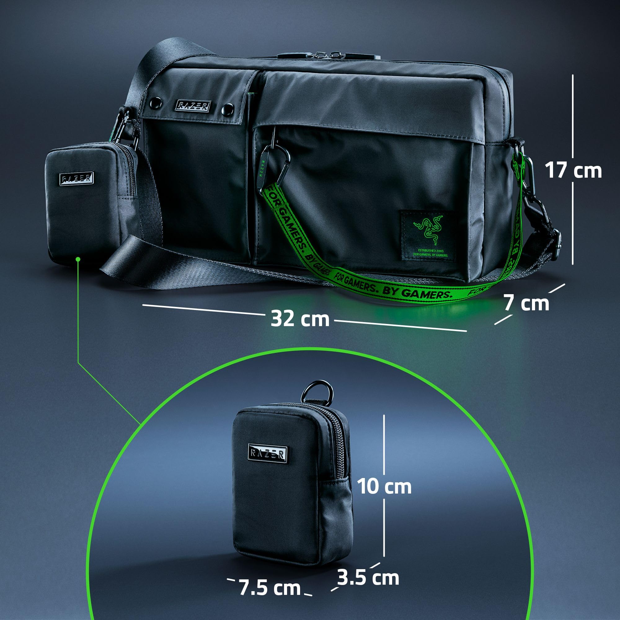 Razer Xanthus Crossbody Çanta - Kishi, Steam Deck, Nintendo Switch'e uyar - Su Geçirmez Naylon - Çıkarılabilir Kulaklık Mini Kılıfı - 3 dış ve 3 iç cep - Çıkarılabilir Omuz Askısı
