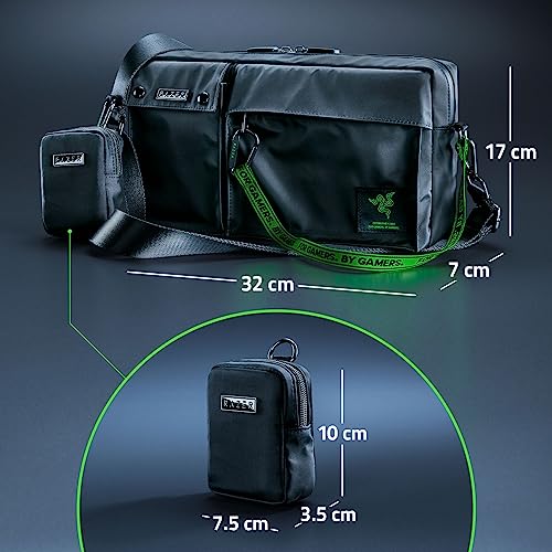 Razer Xanthus Crossbody Çanta - Kishi, Steam Deck, Nintendo Switch'e uyar - Su Geçirmez Naylon - Çıkarılabilir Kulaklık Mini Kılıfı - 3 dış ve 3 iç cep - Çıkarılabilir Omuz Askısı