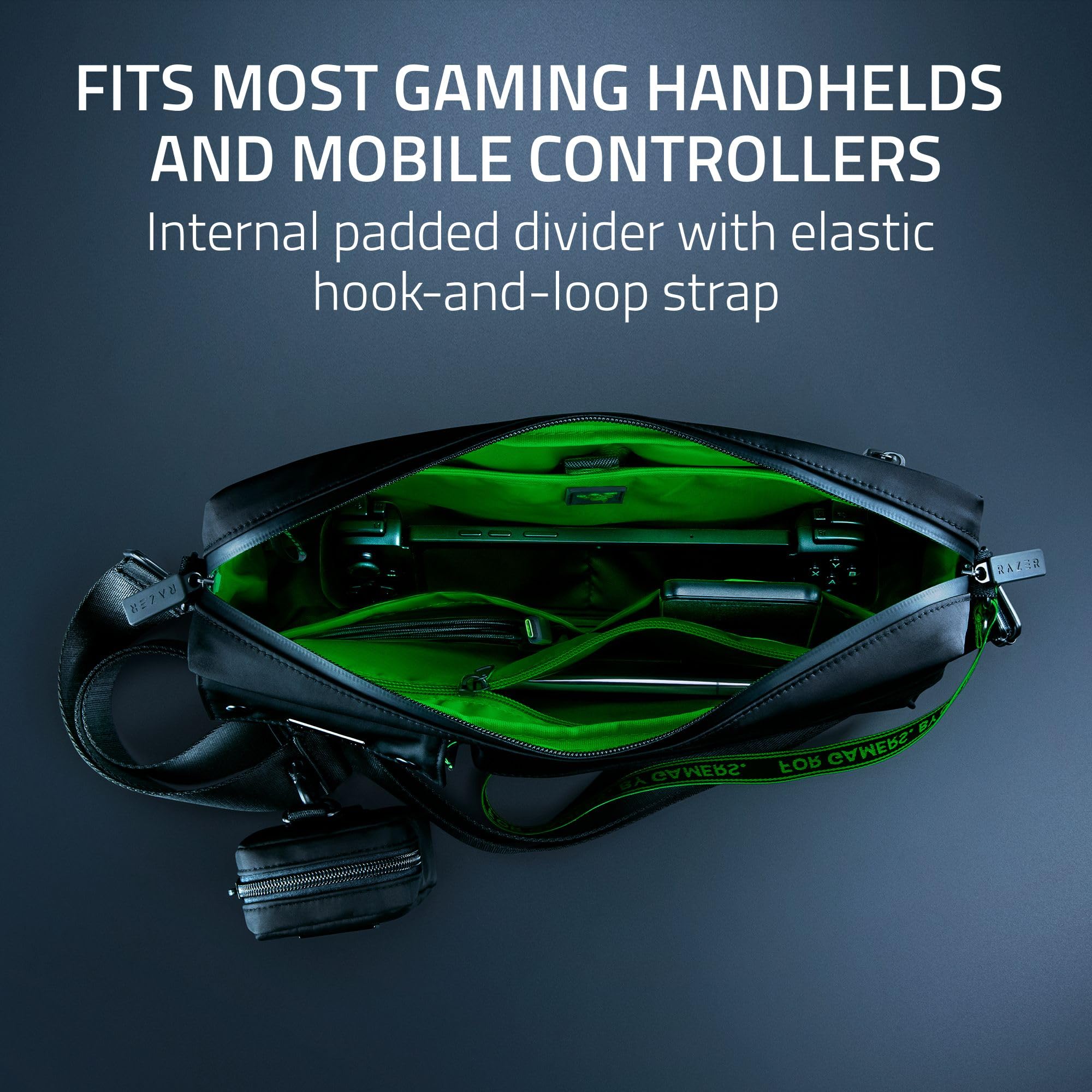 Razer Xanthus Crossbody Çanta - Kishi, Steam Deck, Nintendo Switch'e uyar - Su Geçirmez Naylon - Çıkarılabilir Kulaklık Mini Kılıfı - 3 dış ve 3 iç cep - Çıkarılabilir Omuz Askısı
