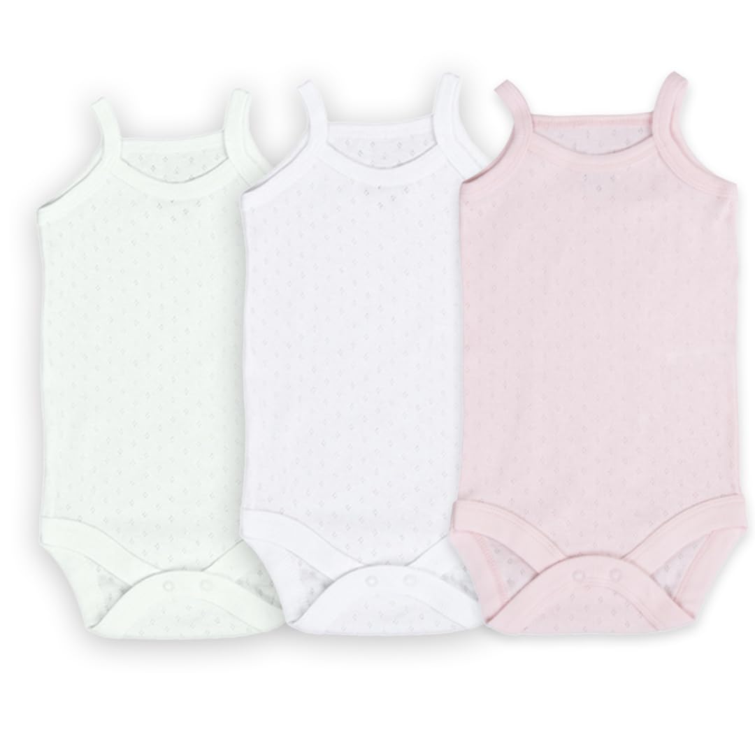 Novibaby 3'lü Jakarlı İp Askılı Bebek Body Zıbın Çıtçıtlı 100% Pamuk, Beyaz Ekru Pembe Bebek Atlet Body Zıbın (Pembe Beyaz Ekru, 24-36 Ay)