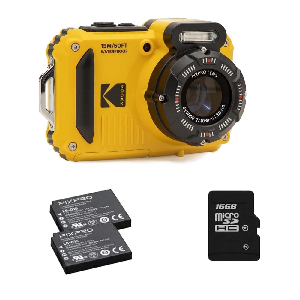 KODAK PIXPRO WPZ2 15M Su Geçirmez Fotoğraf Makinesi - 2 Lityum Pil + 16GB SD Kart - 16MP, 4x Optik Zoom, 1080P Full HD Video (Sarı)