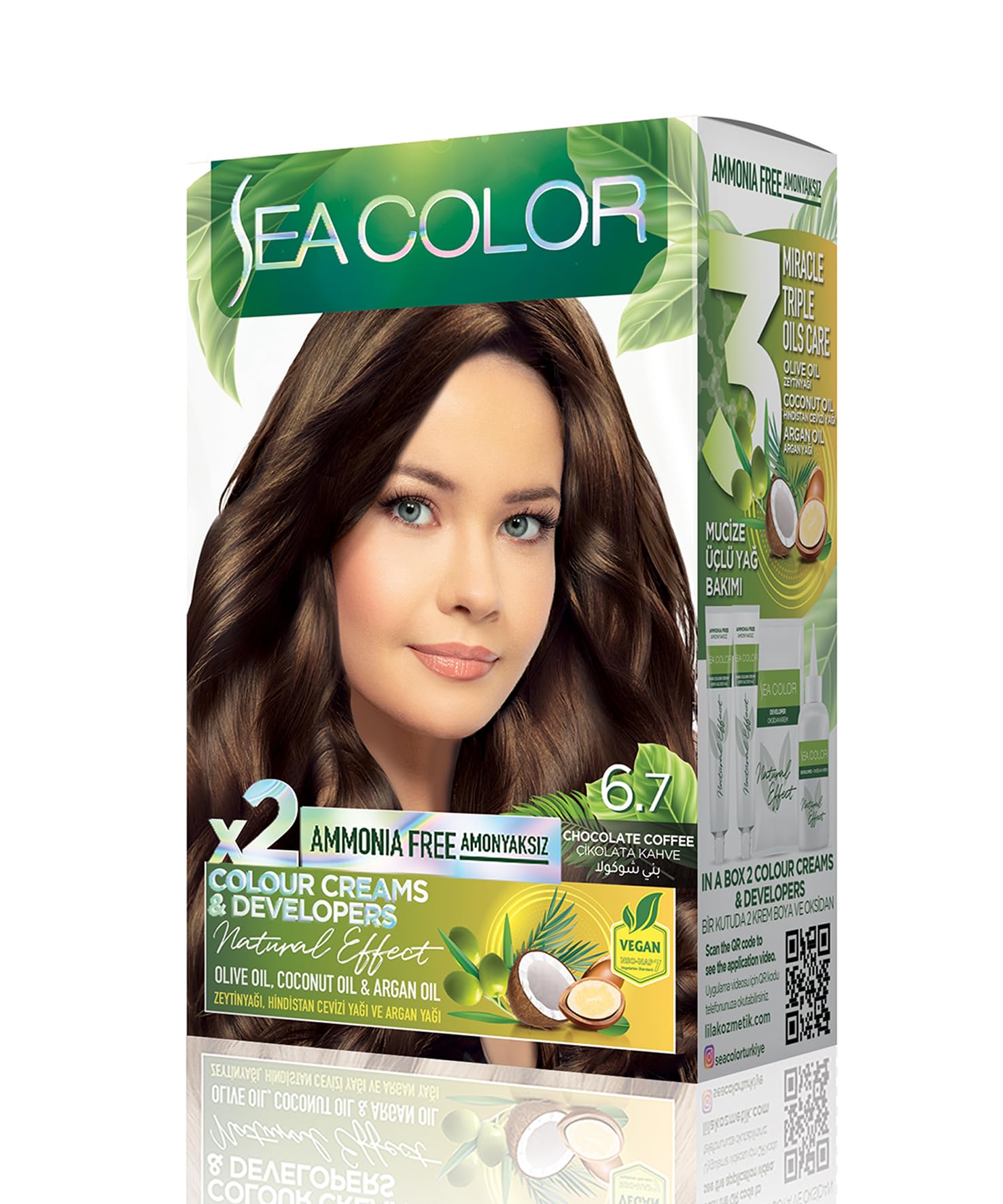 SEA COLOR Amonyaksız, Vegan, Doğal, Besleyici Kalıcı Saç Boyası%100 Beyaz Kapama (1 PAKET 2 x 50 ml Boya & OKSİDAN) (Çikolata Kahve 6.7)