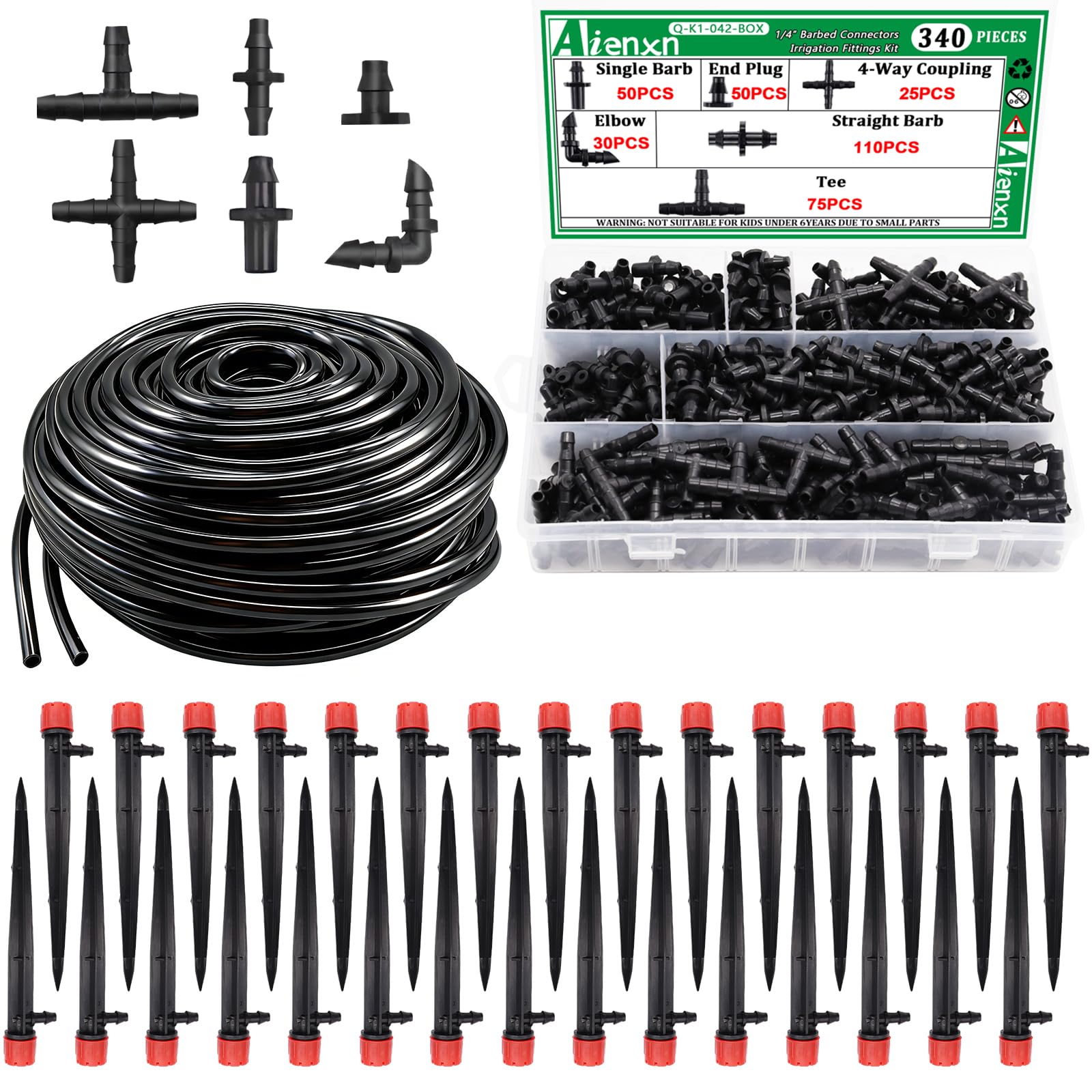 Aienxn 100FT Damla Sulama Sistemi Kiti, Sera, Avlu, Çim için Otomatik Sulama Sistemi 1/4 "Dağıtım Borusu, Ayarlanabilir Damla Vericiler, Damla Sulama Dikenli Konnektörler Q-064-set