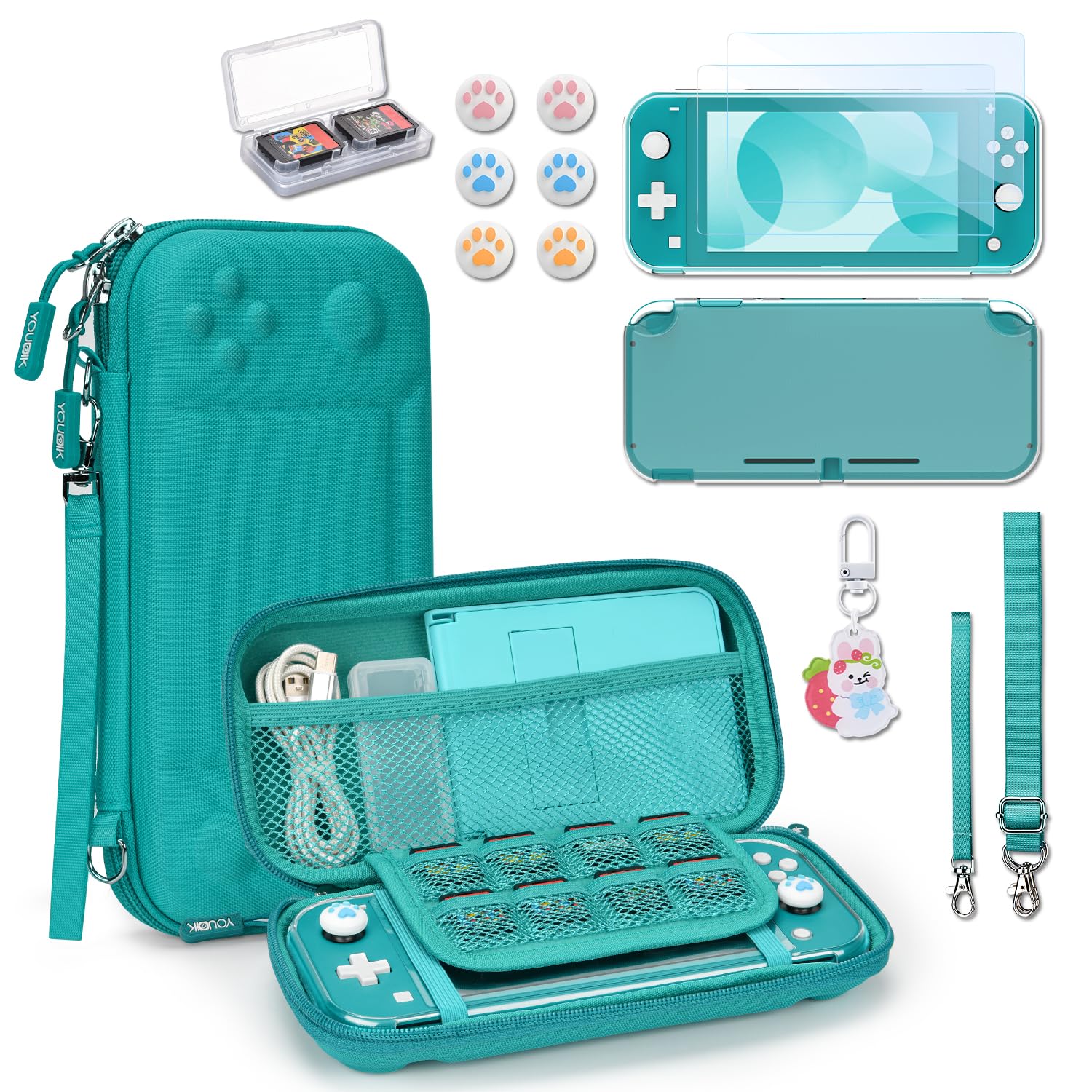 YK YOUNIK Younik Switch Lite kılıf, 14'ü 1 arada Switch Lite aksesuarı, Switch Lite çantalı, şeffaf koruyucu kılıf, oyun kartı kılıfı, 2 ekran koruyucu, 6 başparmak kolu, anahtarlık, Switch Lite için turkuaz