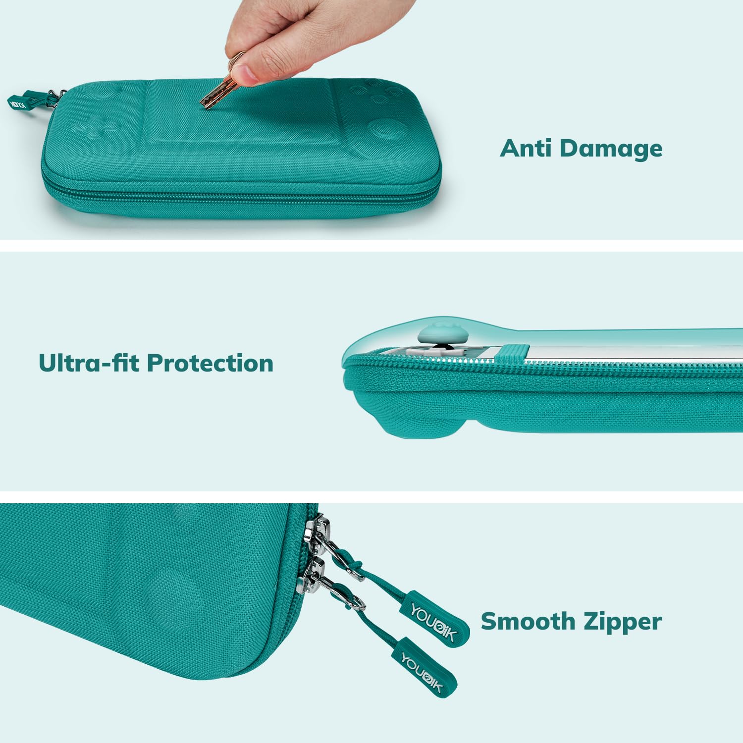 YK YOUNIK Younik Switch Lite kılıf, 14'ü 1 arada Switch Lite aksesuarı, Switch Lite çantalı, şeffaf koruyucu kılıf, oyun kartı kılıfı, 2 ekran koruyucu, 6 başparmak kolu, anahtarlık, Switch Lite için turkuaz