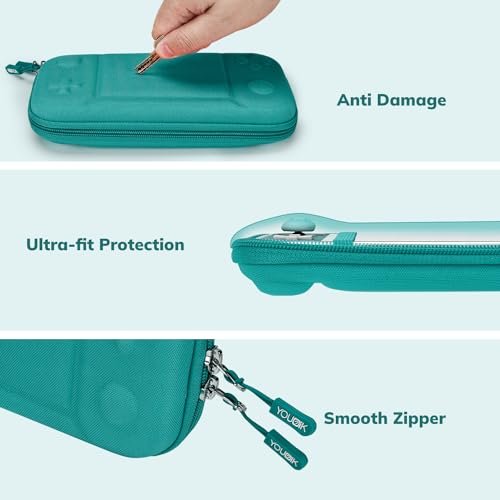 YK YOUNIK Younik Switch Lite kılıf, 14'ü 1 arada Switch Lite aksesuarı, Switch Lite çantalı, şeffaf koruyucu kılıf, oyun kartı kılıfı, 2 ekran koruyucu, 6 başparmak kolu, anahtarlık, Switch Lite için turkuaz