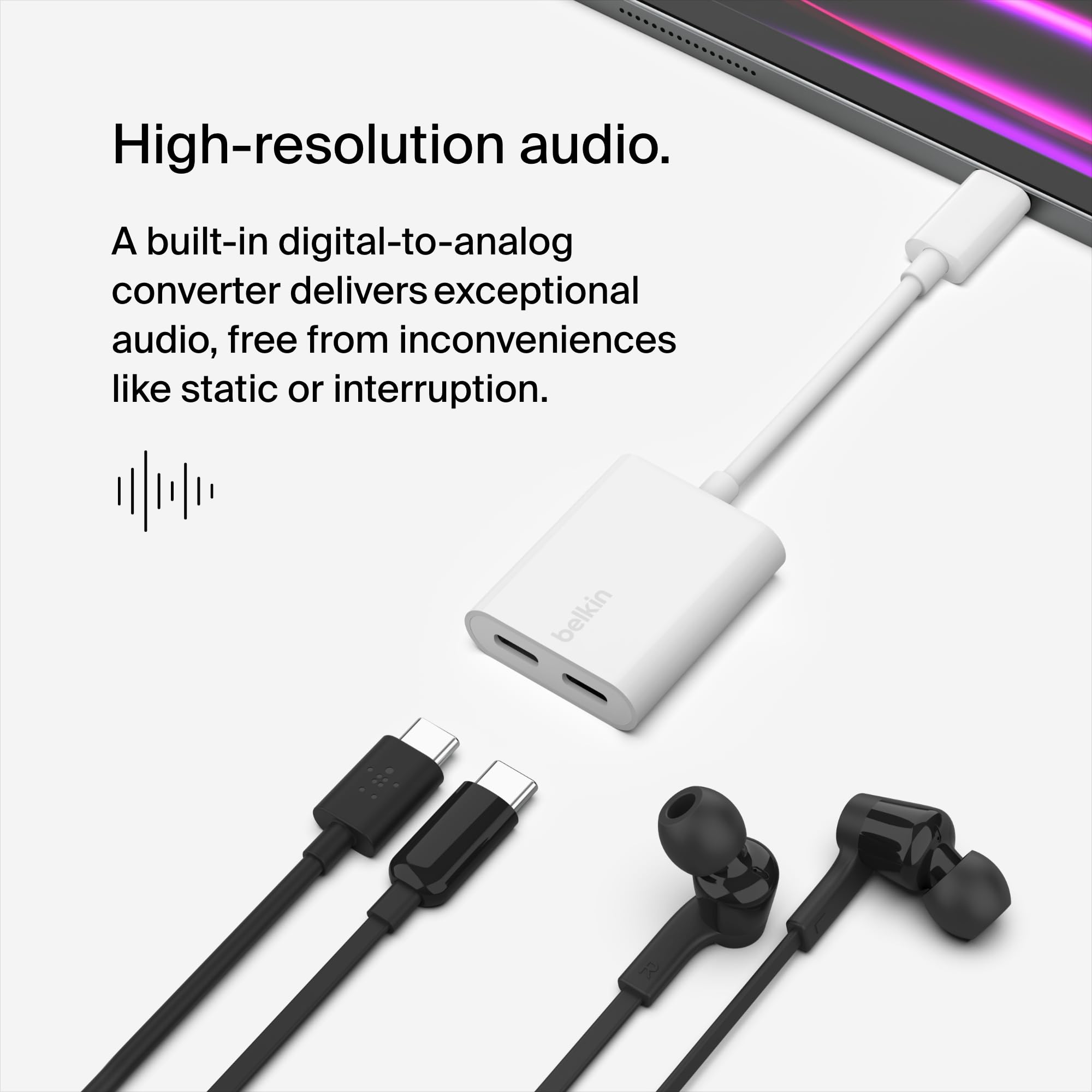 Belkin RockStar™ USB-C Ses + Şarj Adaptörü, USB-C 60W Güç Dağıtımlı Kulaklık Adaptörü iPhone 15, iPad Pro, Galaxy, Note, Google Pixel, LG, Sony, OnePlus ve Daha Fazlası İçin Hızlı Şarj - Beyaz