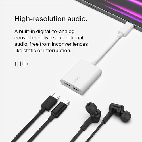 Belkin RockStar™ USB-C Ses + Şarj Adaptörü, USB-C 60W Güç Dağıtımlı Kulaklık Adaptörü iPhone 15, iPad Pro, Galaxy, Note, Google Pixel, LG, Sony, OnePlus ve Daha Fazlası İçin Hızlı Şarj - Beyaz