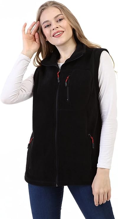 Genius Store Kadın Polar Yelek Tam Fermuarlı Outdoor Spor Yelek 3Cepli (SİYAH, M)