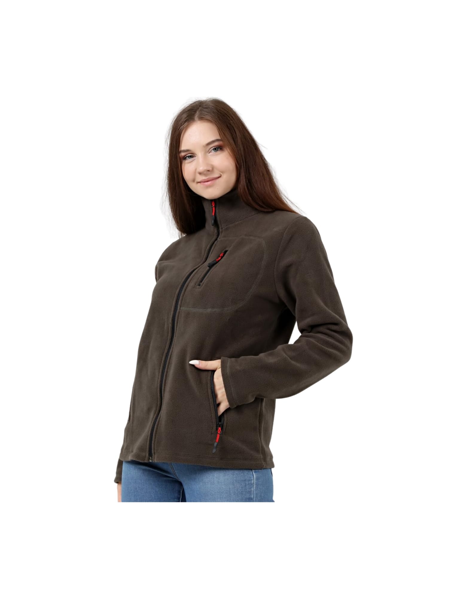 GENIUS STORE Kadın Polar Tam Fermuarlı Outdoor 3 Cepli Spor Polar Ceket (Haki, M)