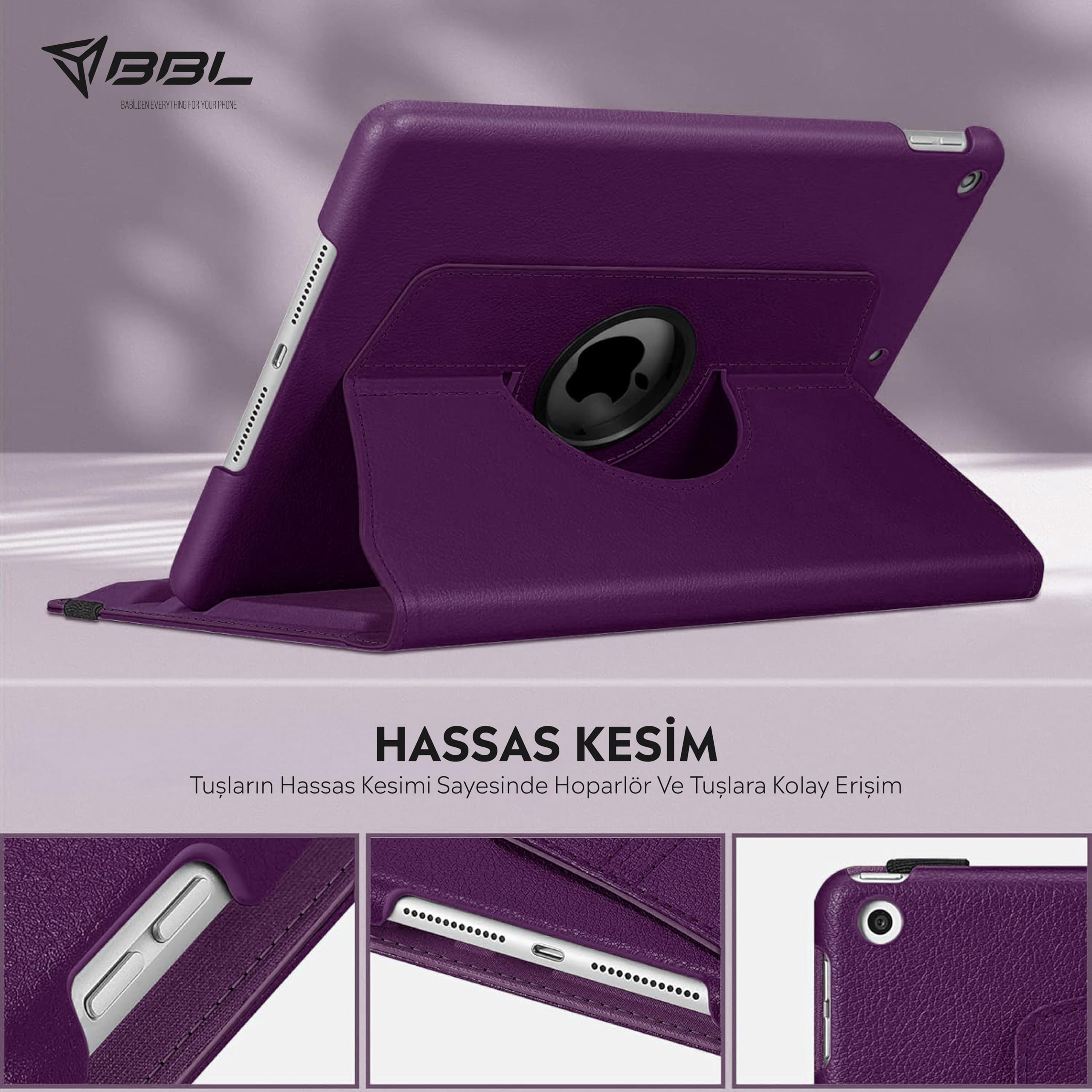 Babilden Apple iPad Yatay ve Dikey Standlı 360 Derece Döner Tablet Kılıfı (iPad 9.Nesil 10.2 Mor)
