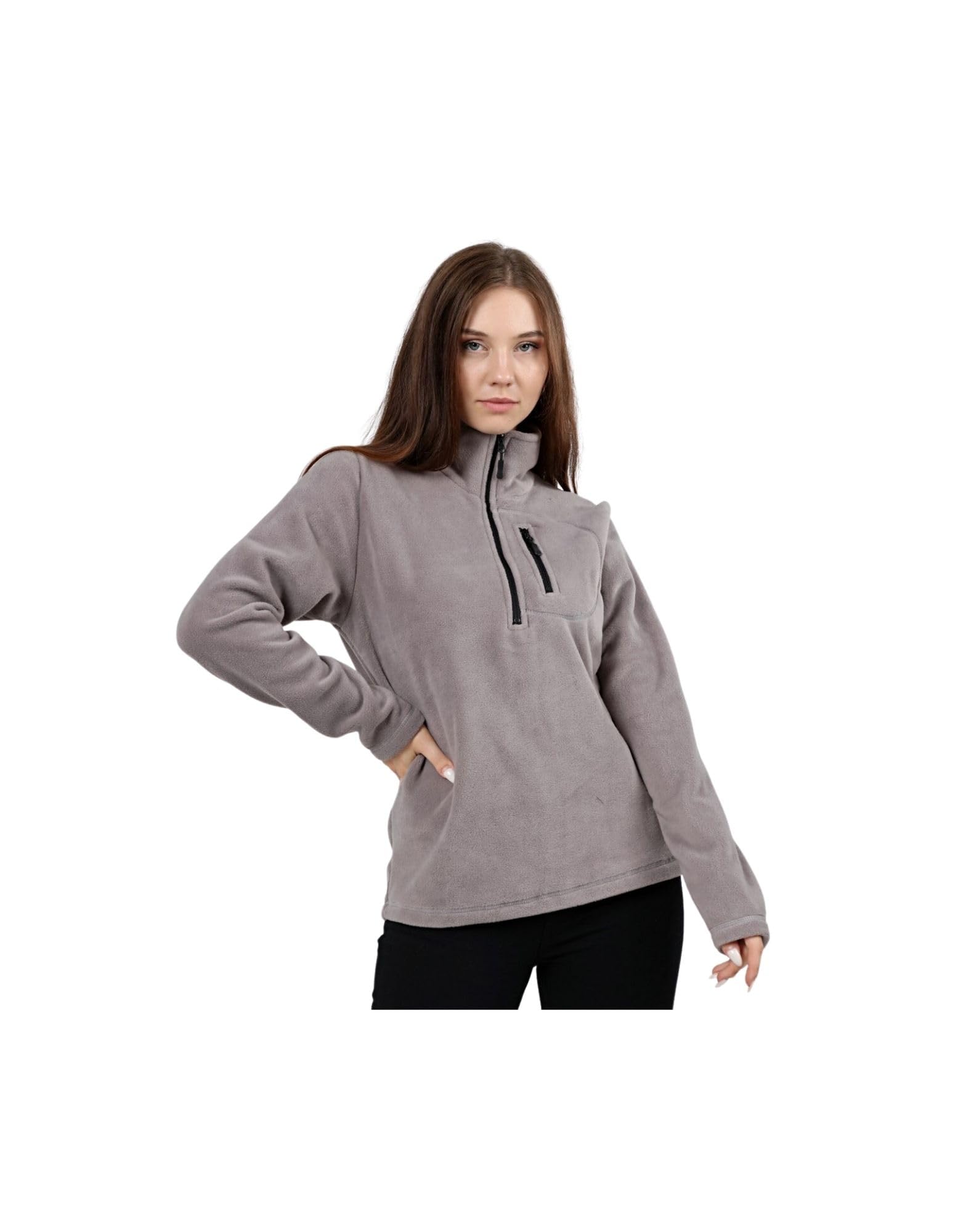 Kadın Polar Yarım Fermuarlı Outdoor Cepli Spor Polar (GRİ, M)
