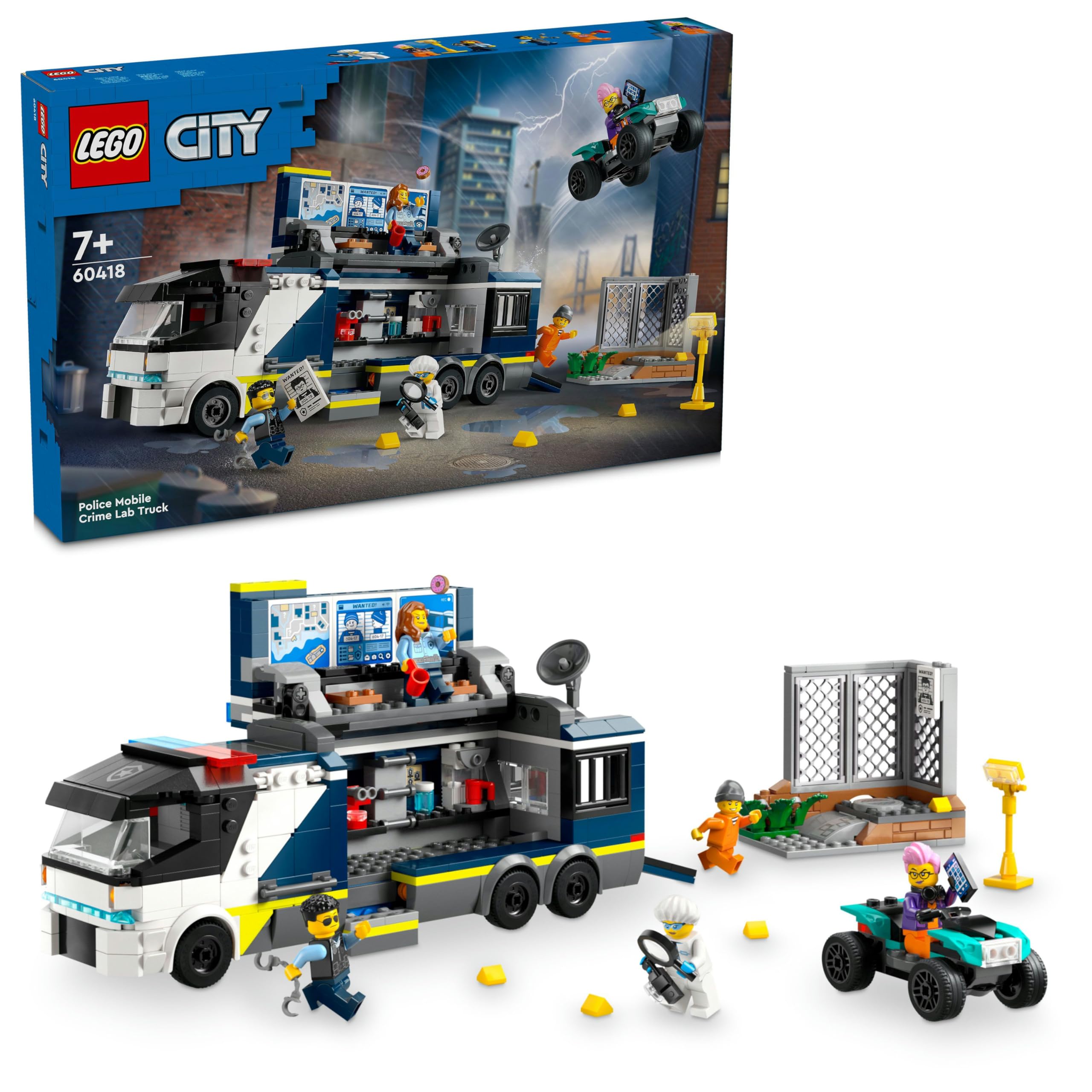 LEGO City Polis Mobil Suç Laboratuvarı Kamyonu 60418-7 Yaş ve Üstü Kız ve Erkek Çocuklar için 2 Polis, 1 Bilim İnsanı, 2 Suçlu Figürü ve motosiklet İçeren Oyuncak Seti, Hediye Fikri (674 Parça)