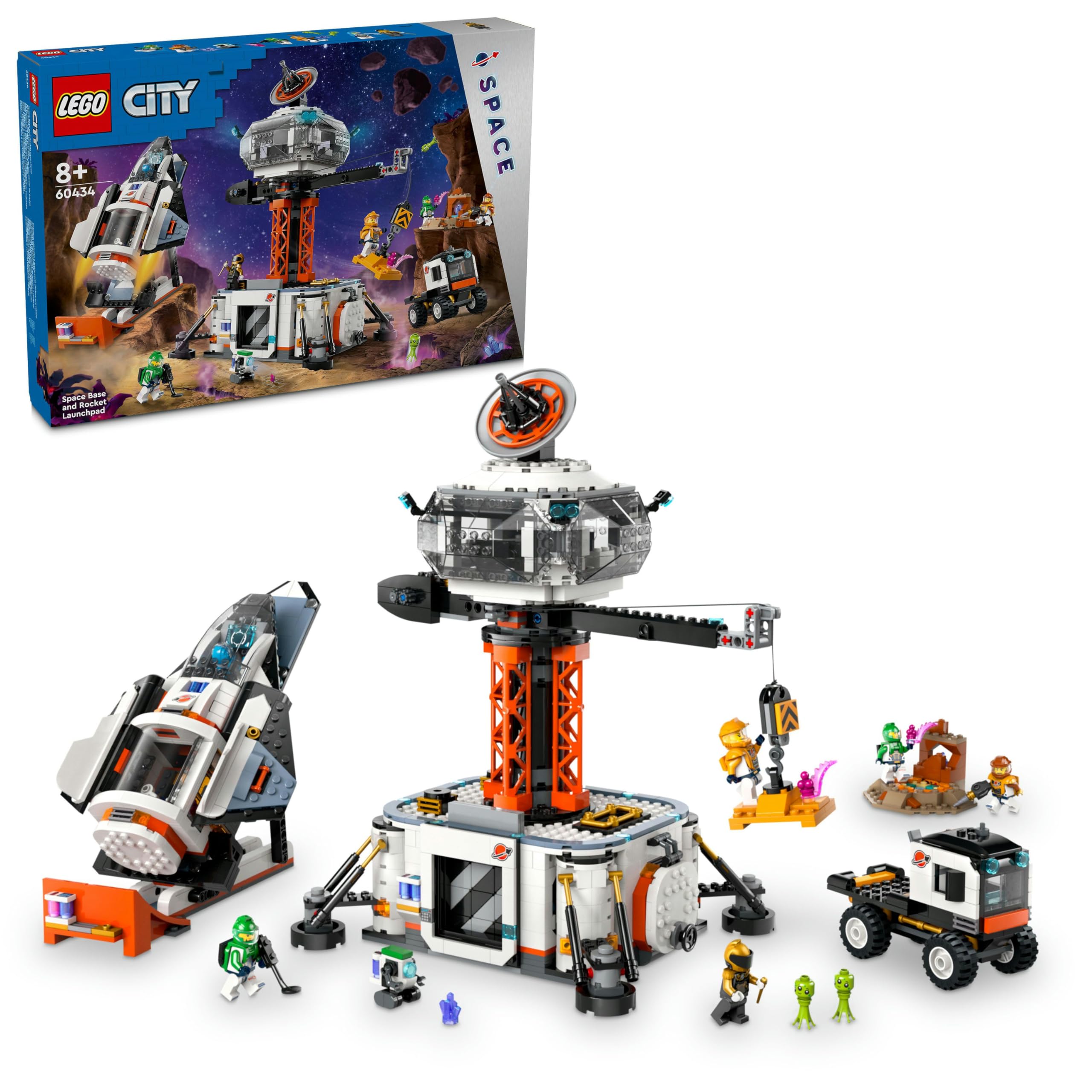 LEGO City Uzay Üssü ve Roket Fırlatma Rampası 60434-8 Yaş ve Üstü Kız ve Erkek Çocukları için Uzay Gemisi, 6 Minifigür, Robot ve 2 Uzaylı Figürü İçeren Oyuncak Seti, Doğum Günü Hediyesi (1422 Parça)