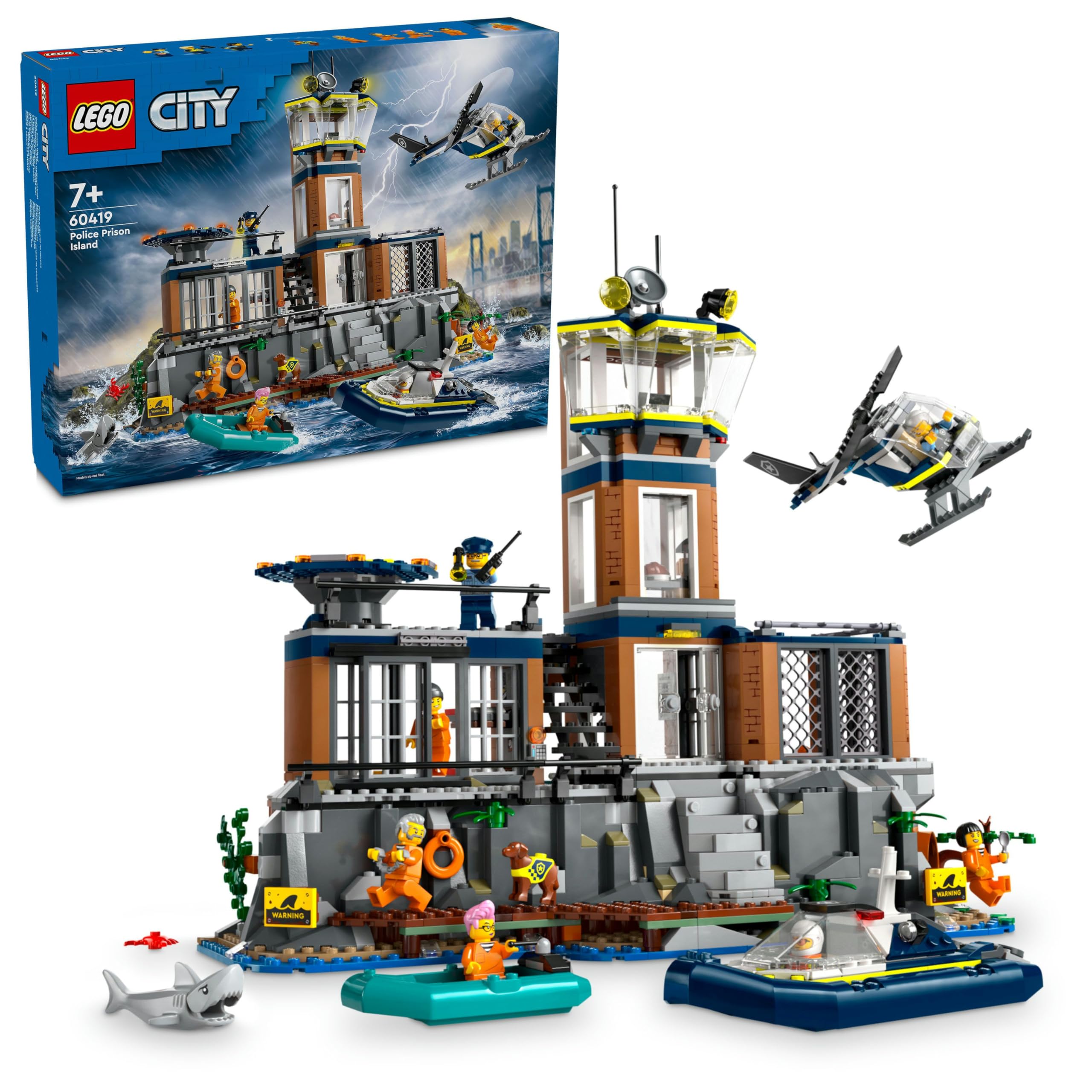 LEGO City Polis Hapishane Adası 60419-7 Yaş ve Üstü Kız ve Erkek Çocuklar için Helikopter, Gemi 7 Figür ve Köpek, Köpekbalığı Figürleri İçeren Araç Seti, Doğum Günü Hediyesi Fikri (980 Parça)