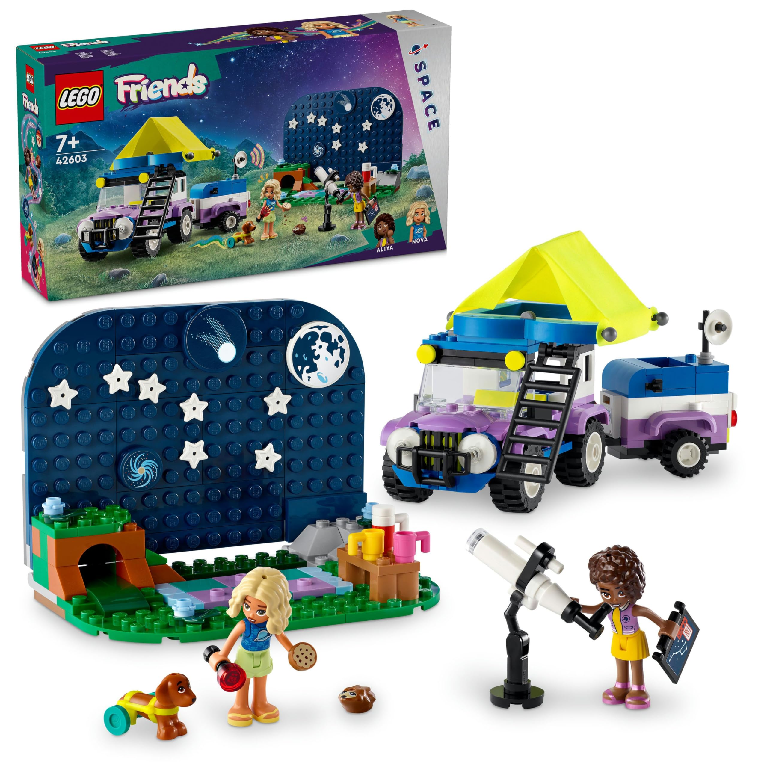 LEGO Yıldız Gözlemleme Kamp Aracı 42603-7 Yaş ve Üzeri Kız ve Erkek Çocuklar için Nova ve Aliya Mini Bebekleri ile Köpek ve Kirpi Hayvan Figürleri İçeren 4x4 Araba Oyuncağı, Hediye Fikri (364 Parça)