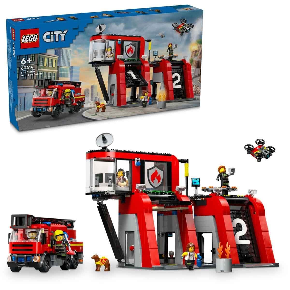 LEGO City İtfaiye Kamyonlu İtfaiye Merkezi 60414-6 Yaş ve Üstü Kız ve Erkek Çocukları için 5 Mini Figür ve 1 Köpek Figürü İçeren Yaratıcı Oyun Seti, Çocuklar için Doğum Günü Hediyesi (843 Parça)
