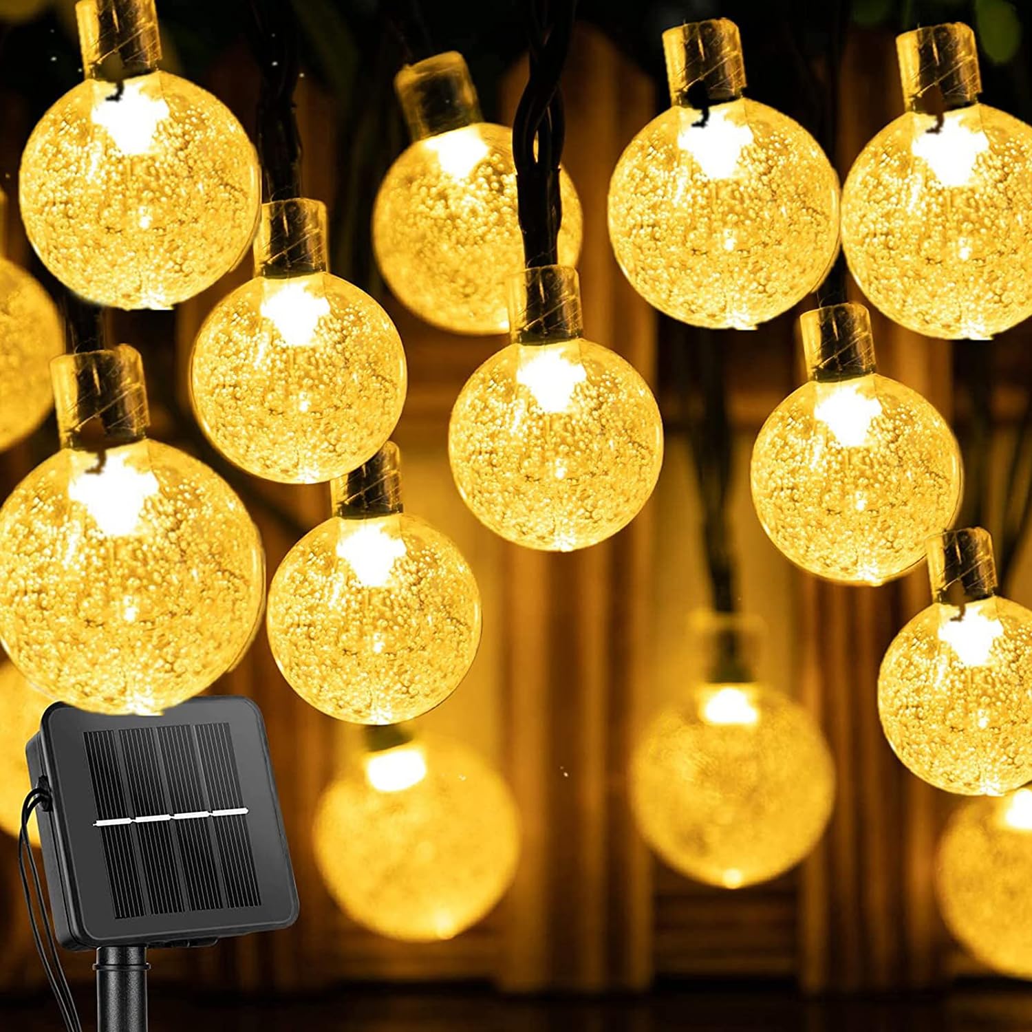 light home Solar Outdoor 50 LED 8 Mod Dış Mekan/İç Mekan Telli Işıklar Kristal Top Su Geçirmez Dekoratif Bahçe, Parti, Noel, Ağaçlar, Veranda, Yılbaşı, Düğün (Sıcak Sarı)