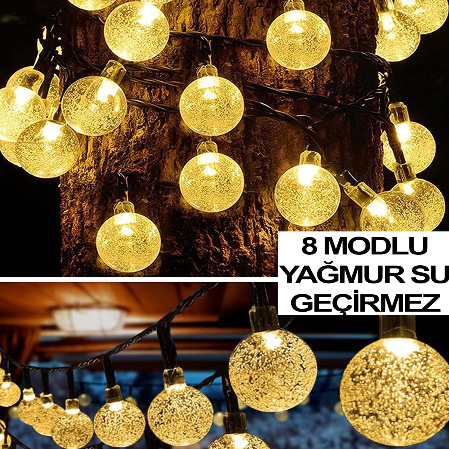 light home Solar Outdoor 50 LED 8 Mod Dış Mekan/İç Mekan Telli Işıklar Kristal Top Su Geçirmez Dekoratif Bahçe, Parti, Noel, Ağaçlar, Veranda, Yılbaşı, Düğün (Sıcak Sarı)