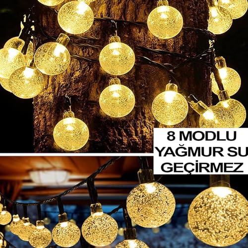 light home Solar Outdoor 50 LED 8 Mod Dış Mekan/İç Mekan Telli Işıklar Kristal Top Su Geçirmez Dekoratif Bahçe, Parti, Noel, Ağaçlar, Veranda, Yılbaşı, Düğün (Sıcak Sarı)