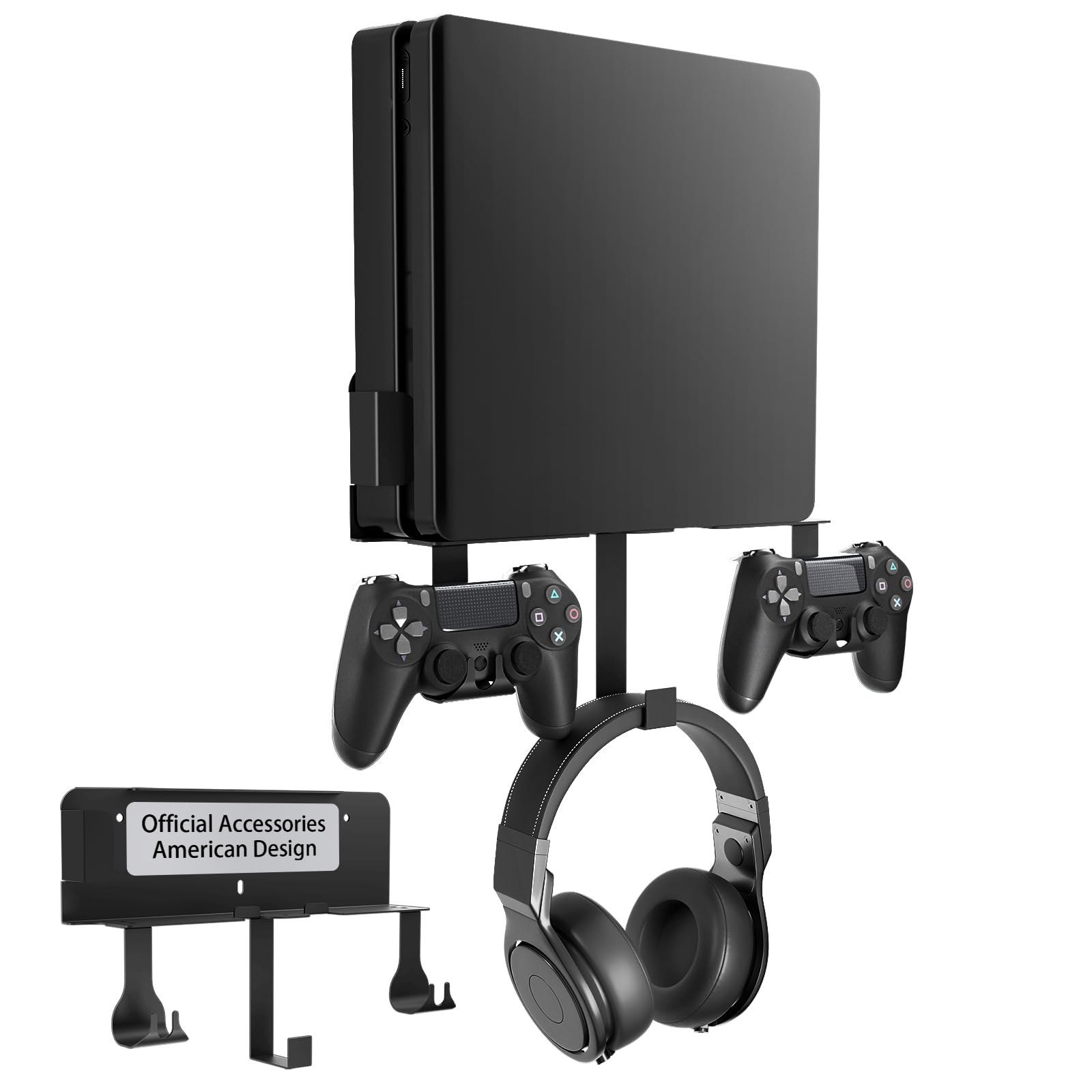 Wall Mount for PS4 Slim, PS4 Slim Wall Mount with Detachable 2 Controller Holder & Headphone Hanger, Metal Stealth Stand for Playstation 4 Slim