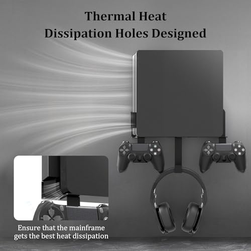 Wall Mount for PS4 Slim, PS4 Slim Wall Mount with Detachable 2 Controller Holder & Headphone Hanger, Metal Stealth Stand for Playstation 4 Slim
