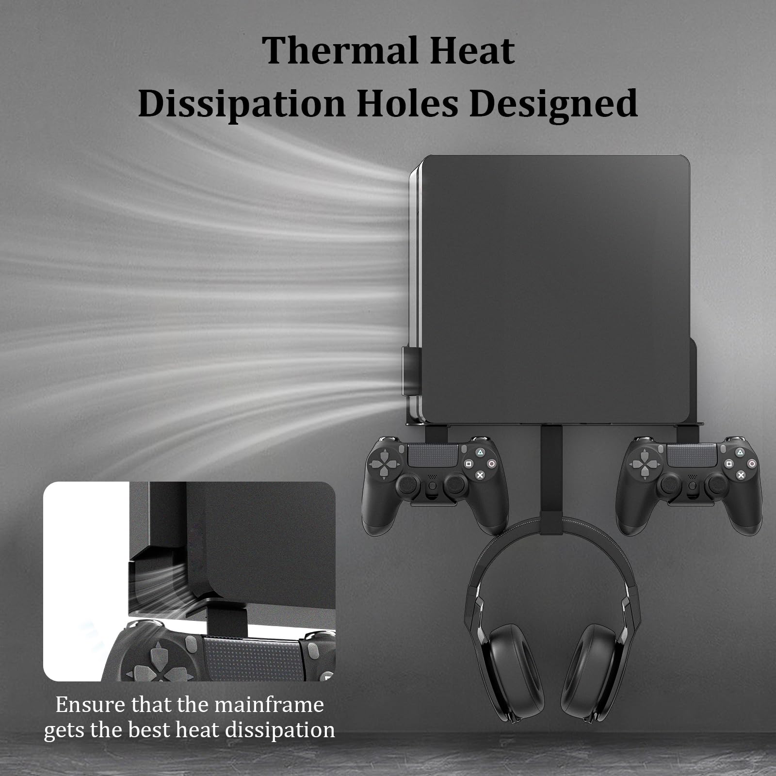 Wall Mount for PS4 Slim, PS4 Slim Wall Mount with Detachable 2 Controller Holder & Headphone Hanger, Metal Stealth Stand for Playstation 4 Slim