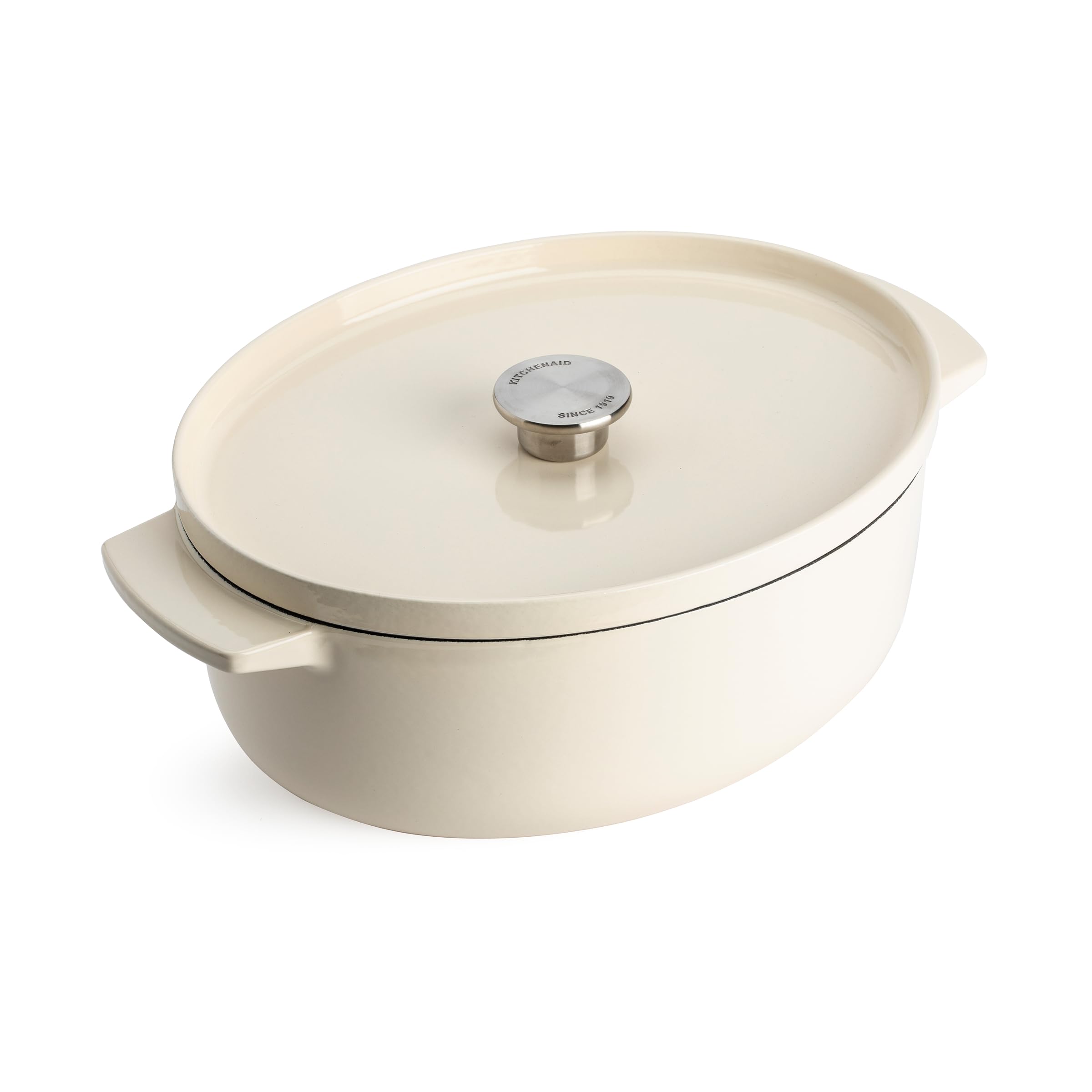 KitchenAid Cast Iron 30 cm/5,6 L oval kapaklı tencere, kaliteli, sağlam ve uzun ömürlü, kızartma, kızartma, PAS içermeyen emaye, indüksiyon, ergonomik sap, 260°C'ye kadar fırına dayanıklı, badem kremi
