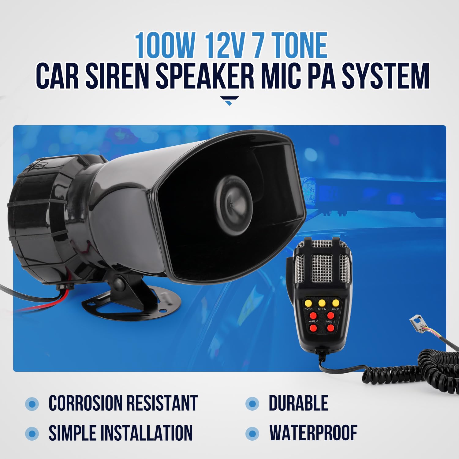 KERWINN Araba Siren Korna Mikrofonlu 7 Ton, Mikrofonlu 12V 100W Acil Ses Amplifikatörü PA Hoparlör Sistemi Ambulans Yangın Hooter Trafik Sesi