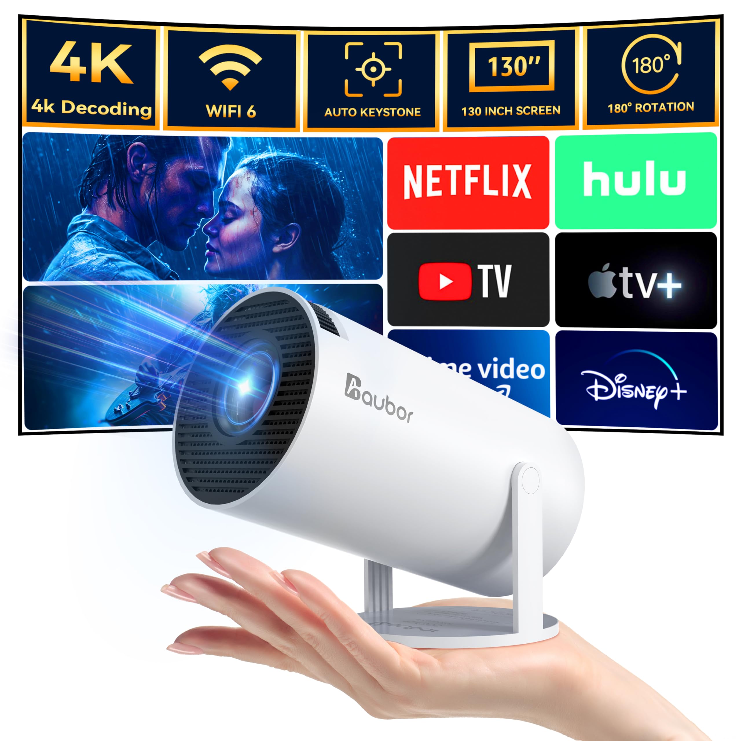 aubor Android TV 11.0 ile Akıllı Projektör, 5G WiFi ve Bluetooth ile 1080P Taşınabilir Projektör, 10