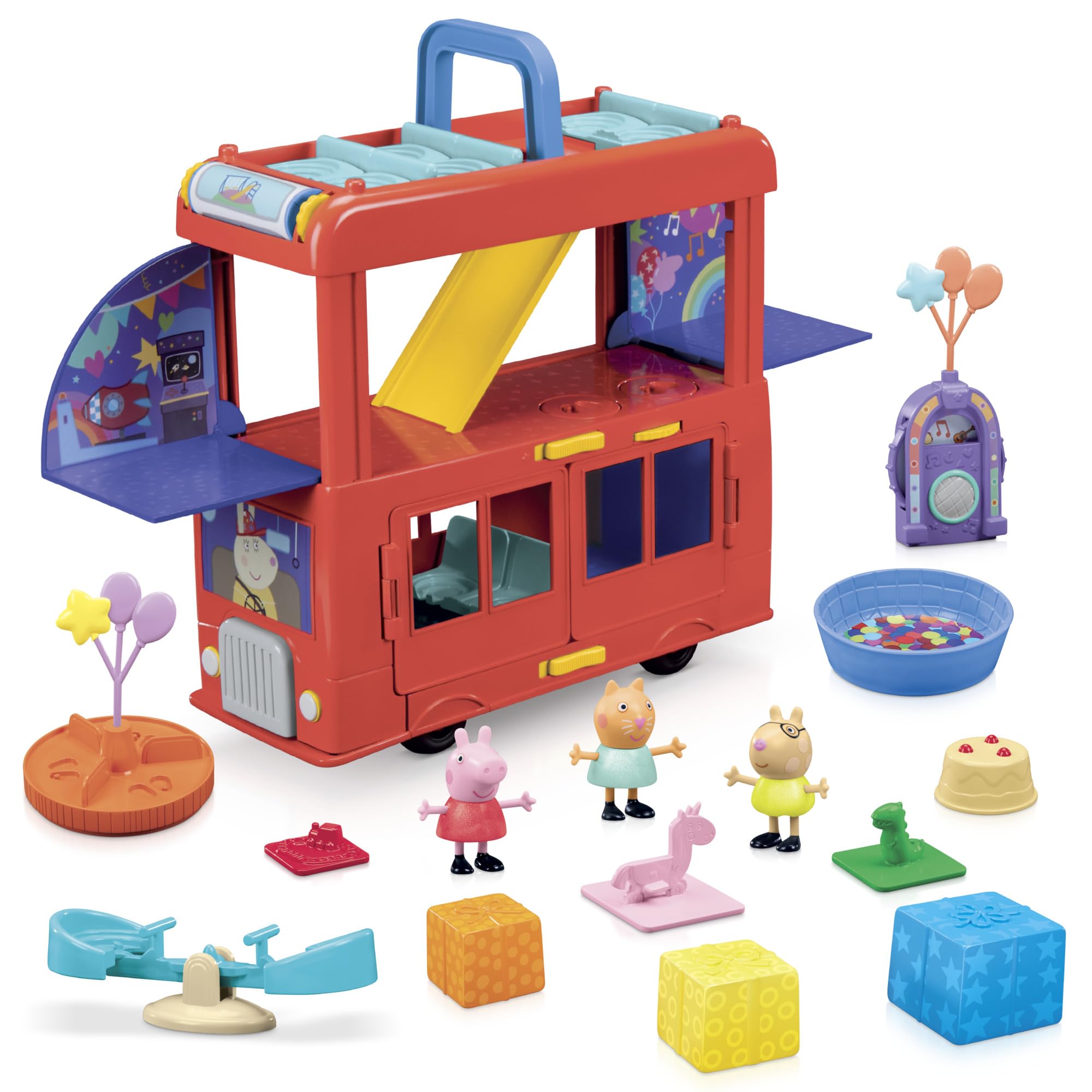 Peppa Pig 2'si 1 arada parti otobüsü oyun seti, 3 figür ve 13 aksesuar parçalı, okul öncesi oyuncaklar, kız ve erkek çocuklar için 3 ve üzeri