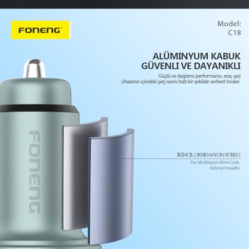 Foneng C18 48W 1xUsb 1xType-C Giriş Dijital Göstergeli Araç içi Çakmaklık Şarj Aleti