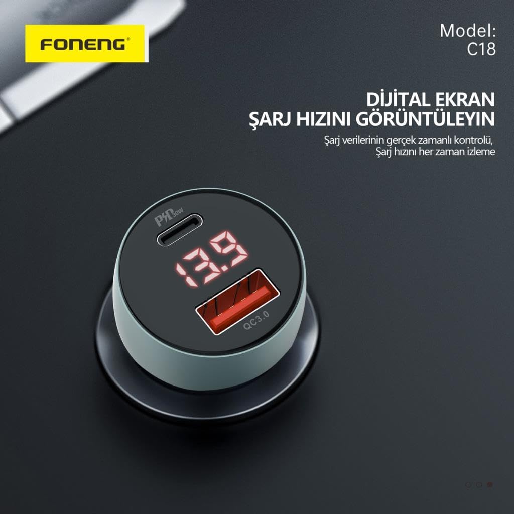 Foneng C18 48W 1xUsb 1xType-C Giriş Dijital Göstergeli Araç içi Çakmaklık Şarj Aleti