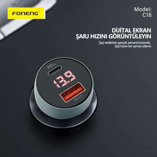 Foneng C18 48W 1xUsb 1xType-C Giriş Dijital Göstergeli Araç içi Çakmaklık Şarj Aleti