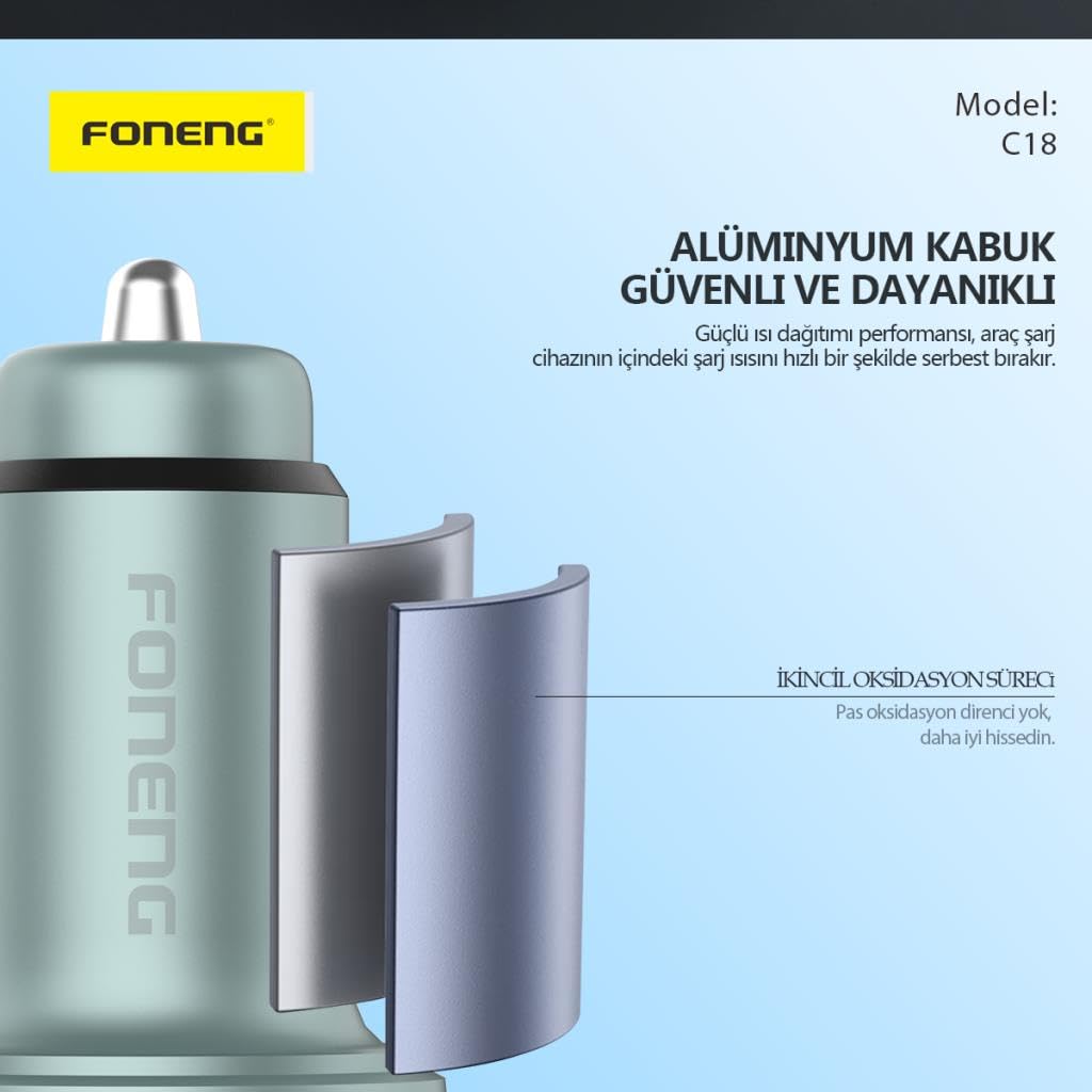 Foneng C18 48W 1xUsb 1xType-C Giriş Dijital Göstergeli Araç içi Çakmaklık Şarj Aleti