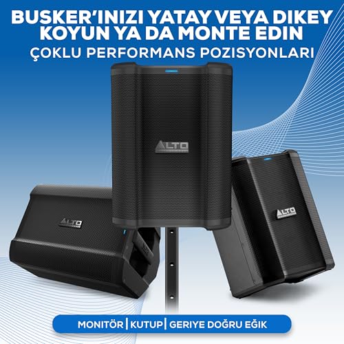 ALTO Busker - 200 W Taşınabilir PA Hoparlör Sistemi, Şarj Edilebilir Pil, Bluetooth, 3 Kanallı Mikser, Alesis FX, Uygulama Kontrolü, USB Şarj, 20+ Saat Pil Ömrü İle