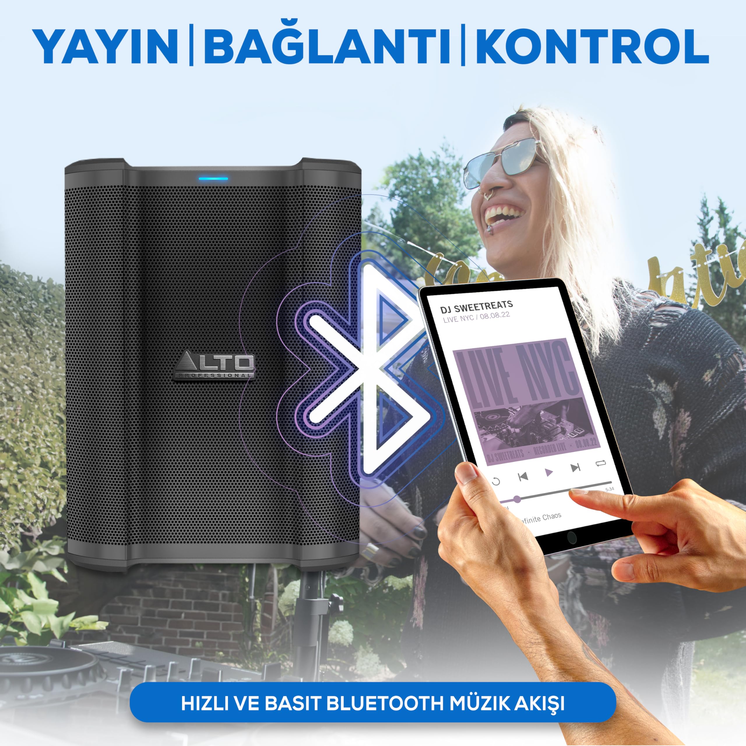 ALTO Busker - 200 W Taşınabilir PA Hoparlör Sistemi, Şarj Edilebilir Pil, Bluetooth, 3 Kanallı Mikser, Alesis FX, Uygulama Kontrolü, USB Şarj, 20+ Saat Pil Ömrü İle