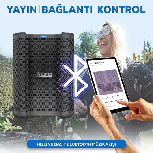 ALTO Busker - 200 W Taşınabilir PA Hoparlör Sistemi, Şarj Edilebilir Pil, Bluetooth, 3 Kanallı Mikser, Alesis FX, Uygulama Kontrolü, USB Şarj, 20+ Saat Pil Ömrü İle