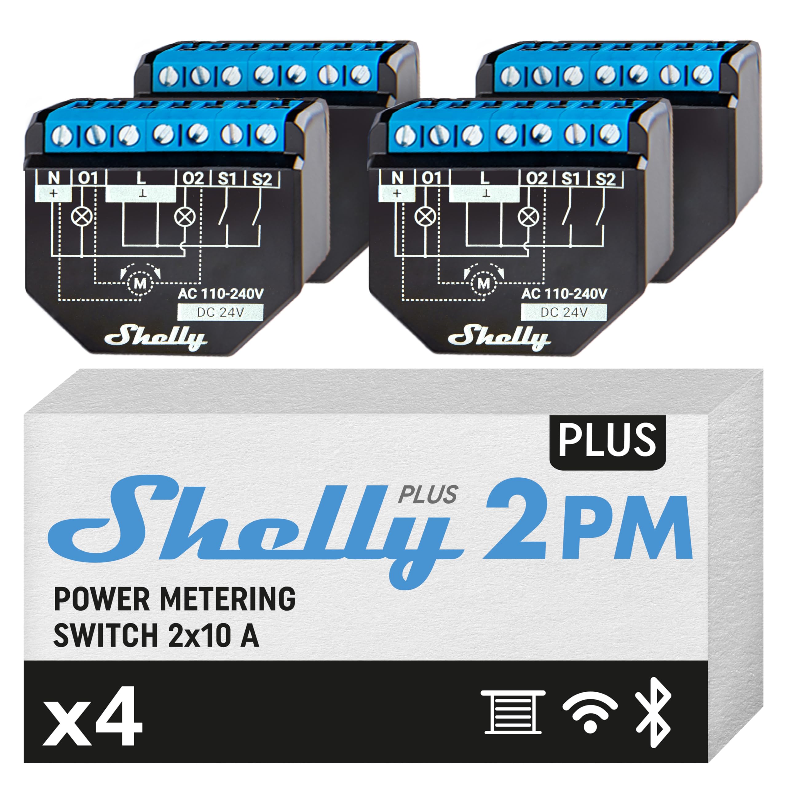 Shelly Plus 2PM | Wi-Fi ve Bluetooth 2 Kanallı Akıllı Röle Şalteri | Güç Tüketimi Ölçümlü Panjur Şalteri | Ev Otomasyonu | Google Home Alexa Aksesuarı | iOS Android Uygulaması (4'lü Paket)