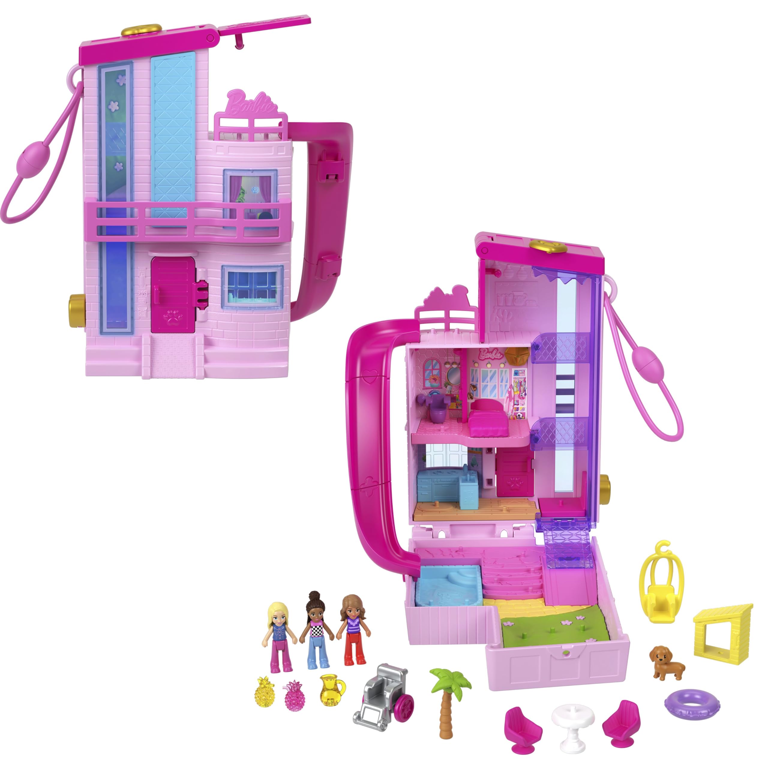 Barbie Polly Pocket Dreamhouse Compact, 3 Mikro Bebek, 1 Yavru Köpek, 11 Aksesuar, Asansör ve Havuz ile Oyuncak Bebek Evi Oyun Seti