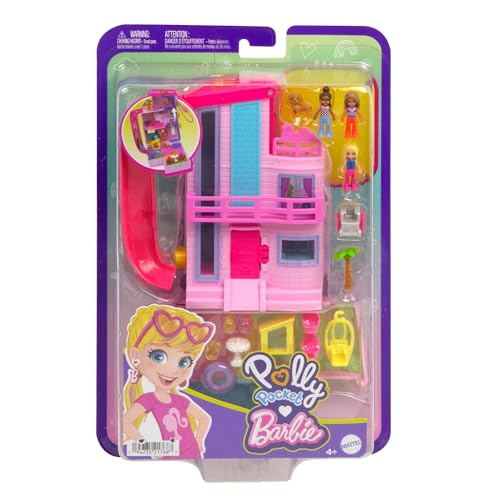 Barbie Polly Pocket Dreamhouse Compact, 3 Mikro Bebek, 1 Yavru Köpek, 11 Aksesuar, Asansör ve Havuz ile Oyuncak Bebek Evi Oyun Seti