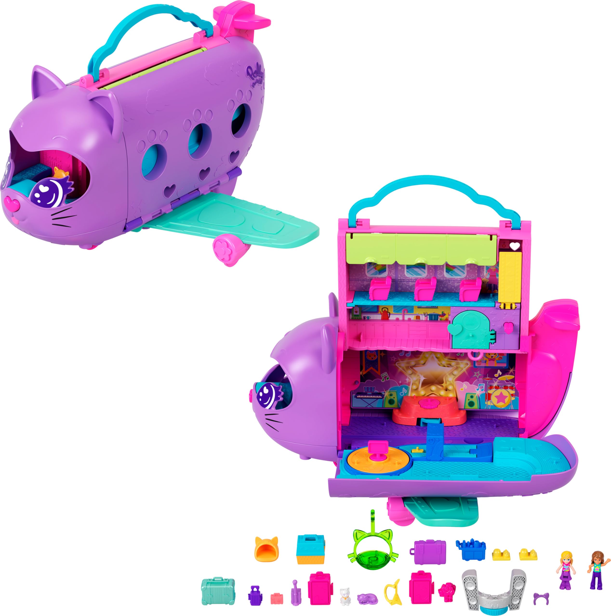 POLLY POCKET™ MİNİK KEDİ HAVA YOLLARI™ Oyun Seti Polly Pocket Adventures in Rio Uçak Oyun Seti, 2 mikro bebek ve evcil hayvan, aksesuarlar, seyahat oyuncağı uçak HWP19