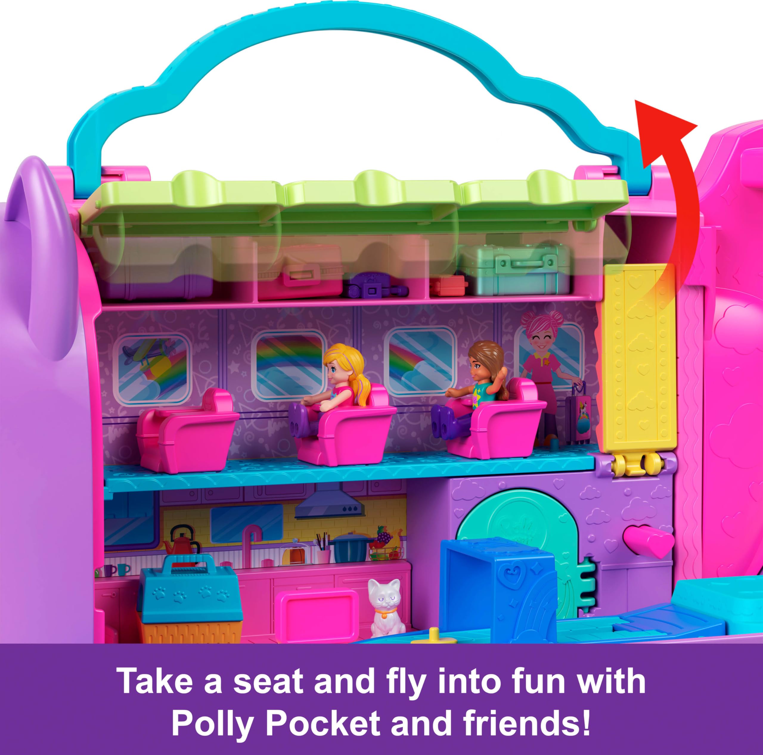 POLLY POCKET™ MİNİK KEDİ HAVA YOLLARI™ Oyun Seti Polly Pocket Adventures in Rio Uçak Oyun Seti, 2 mikro bebek ve evcil hayvan, aksesuarlar, seyahat oyuncağı uçak HWP19