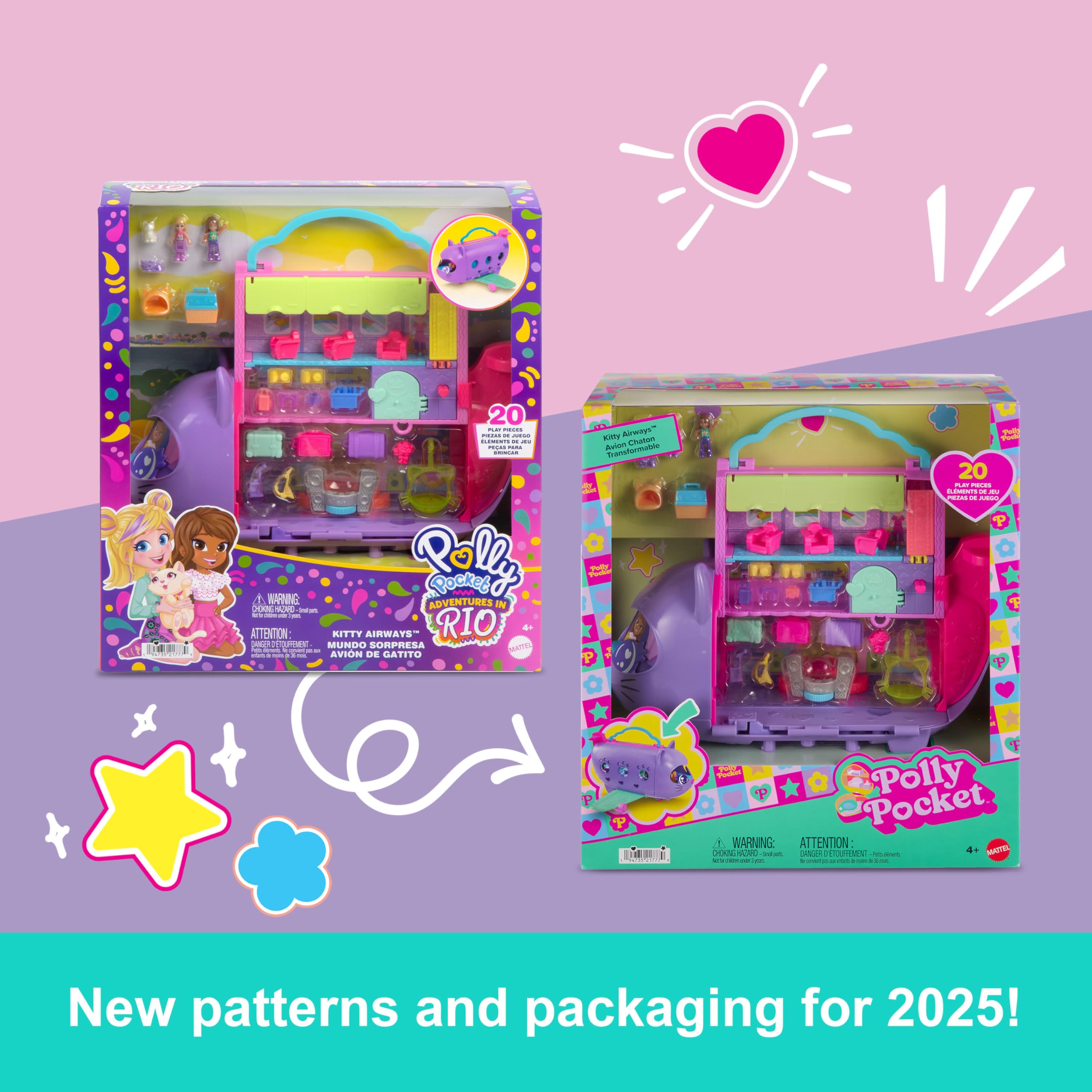 POLLY POCKET™ MİNİK KEDİ HAVA YOLLARI™ Oyun Seti Polly Pocket Adventures in Rio Uçak Oyun Seti, 2 mikro bebek ve evcil hayvan, aksesuarlar, seyahat oyuncağı uçak HWP19