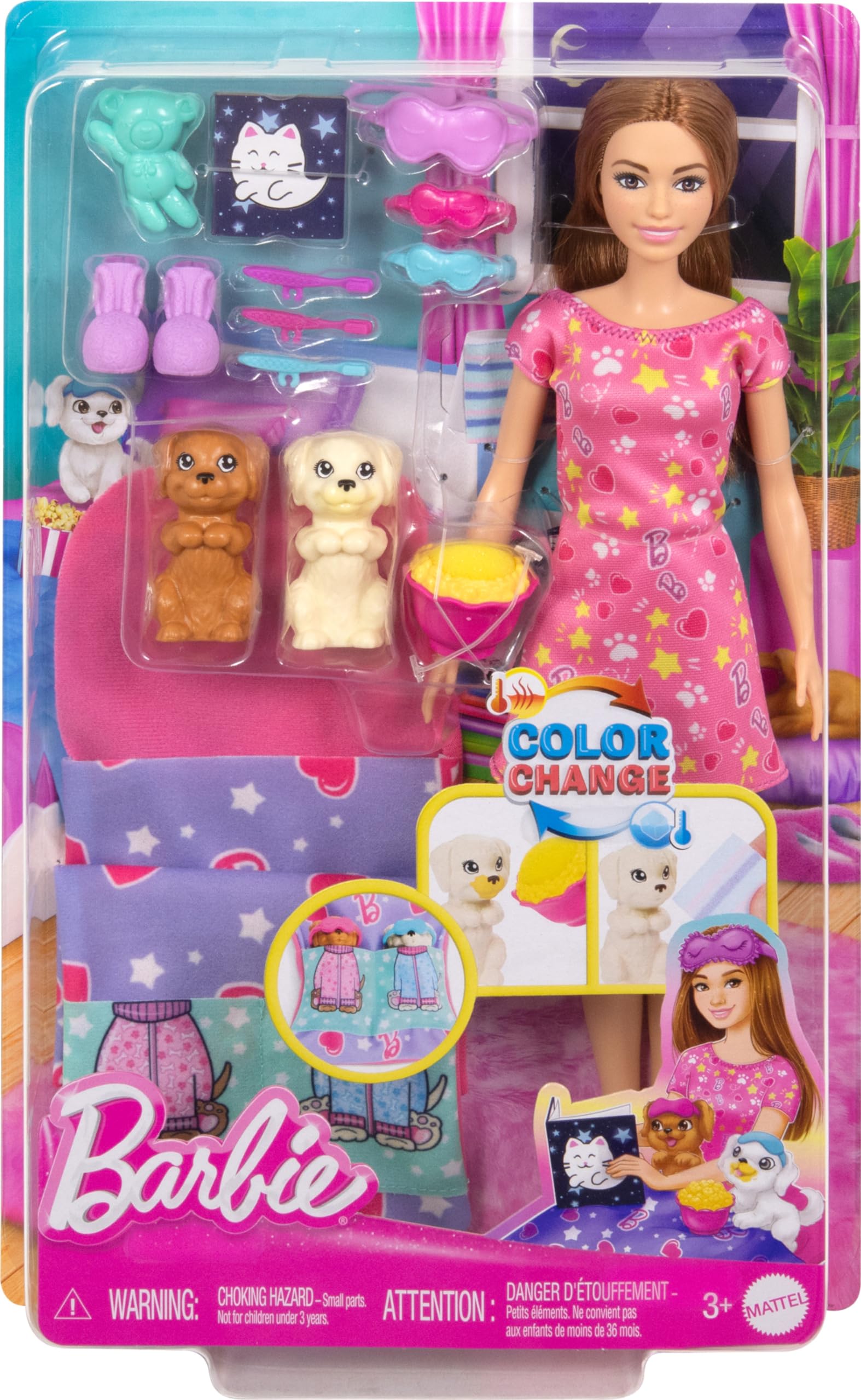 Barbie ve Köpekçikleri Pijama Partisi Barbie ve Köpekçikleri Pijama Partisi oyun seti, 2 oyuncak köpek figürü, 10'dan fazla aksesuar ve renk değişimi HXN01