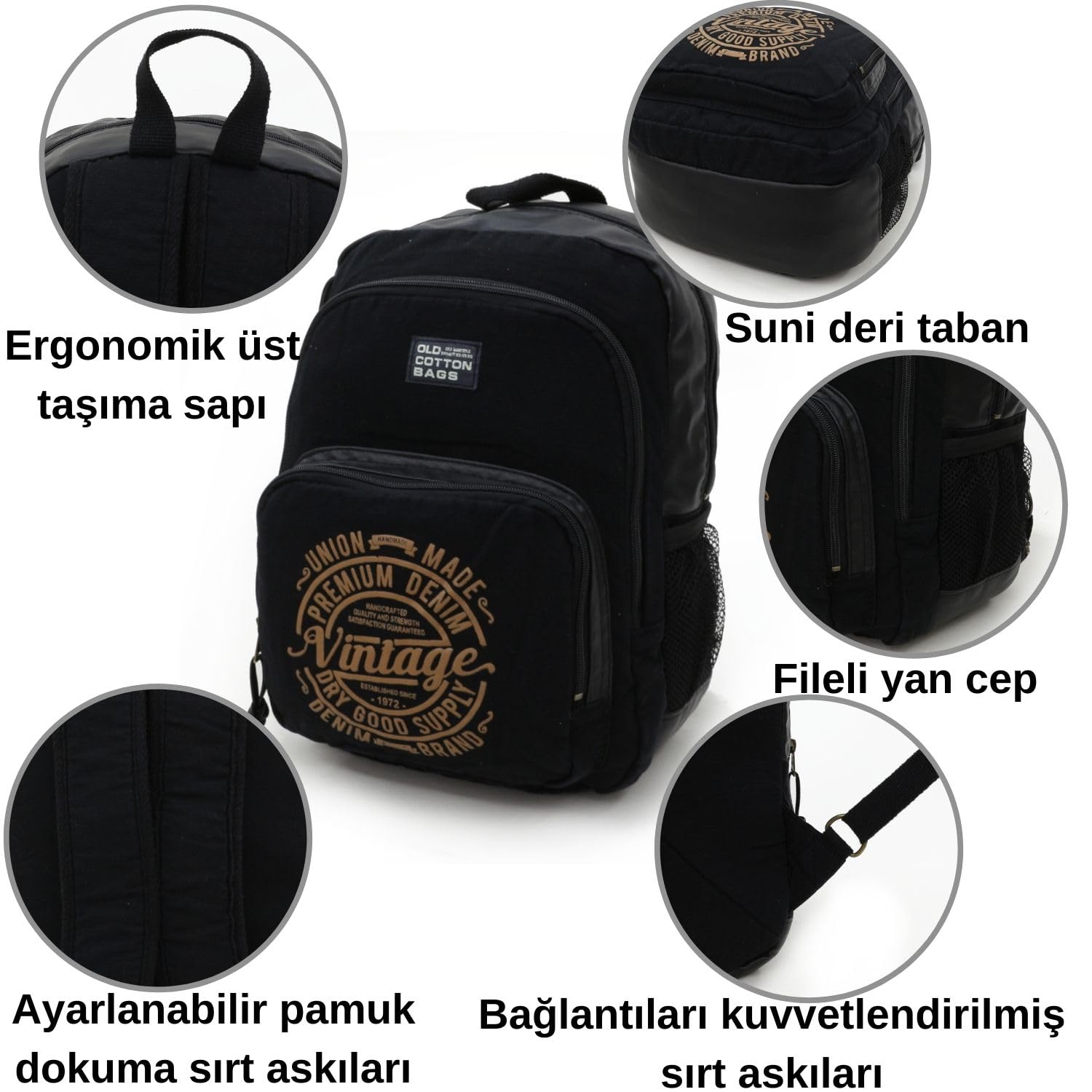 Old Cotton Cargo 7184 Revilla Sırt Okul Günlük Seyahat 15 inç Laptop NoteBook Tablet Çantası (Siyah Siyah)