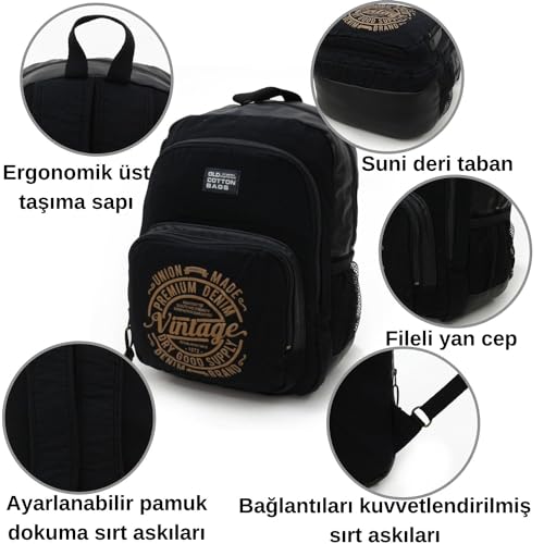 Old Cotton Cargo 7184 Revilla Sırt Okul Günlük Seyahat 15 inç Laptop NoteBook Tablet Çantası (Siyah Siyah)