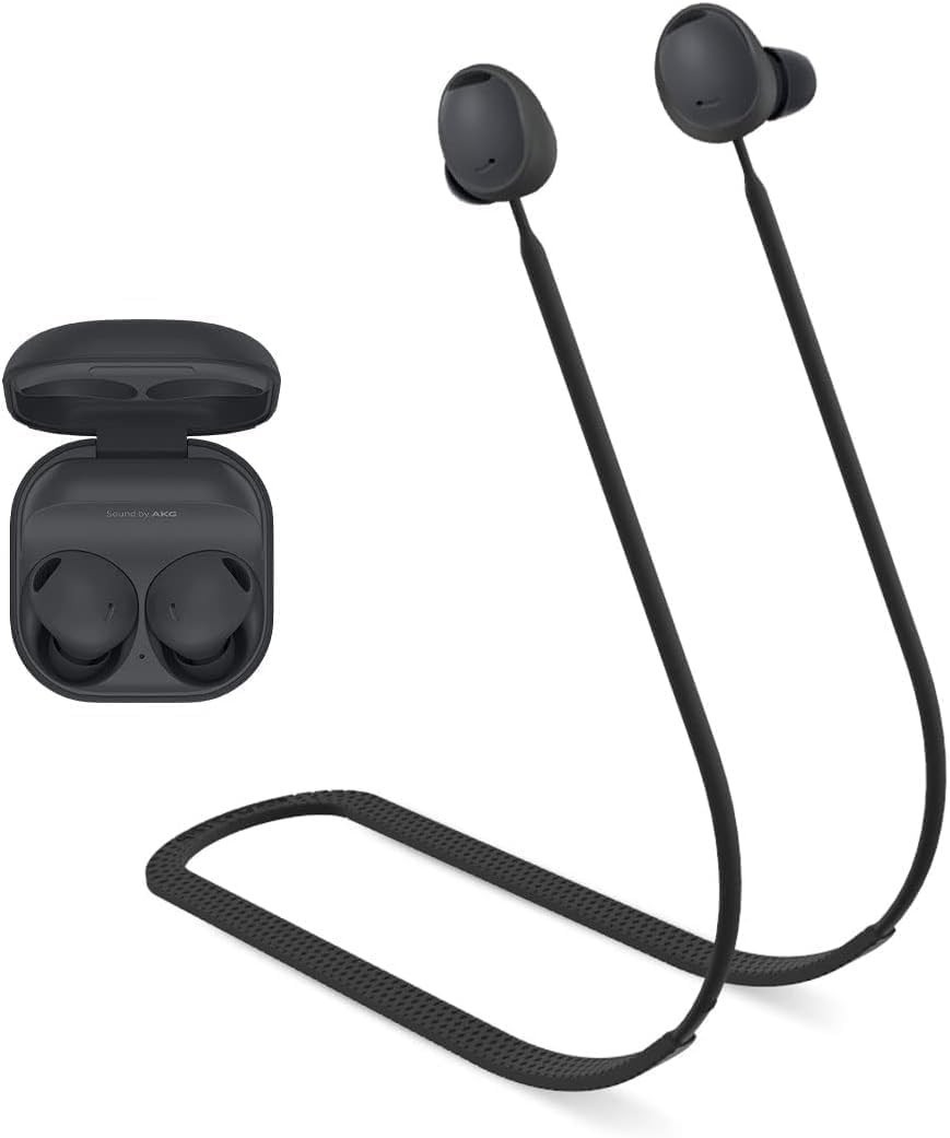 Coverzone Samsung Galaxy Buds2 ile uyumlu/Galaxy Buds2 Pro ile uyumlu Yumuşak Güçlü Silikon Özel Kaymaz Tasarım Spor Kaybolmaya Karşı Kulaklık Aksesuarları Boyun ipi Siyah