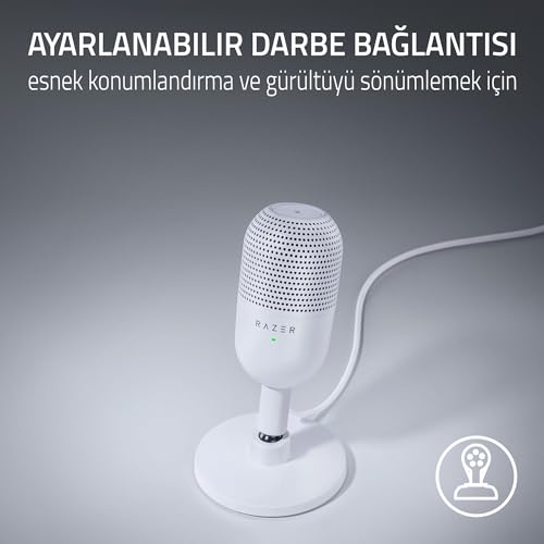 Razer Seiren V3 Mini - Ultra kompakt USB mikrofon (14 mm kondansatörlü mikrofon, süper kardiyot karakteristiği, LED göstergeli dokun-sessiz sensör, entegre amortisör, tak ve çalıştır tasarımı), Beyaz