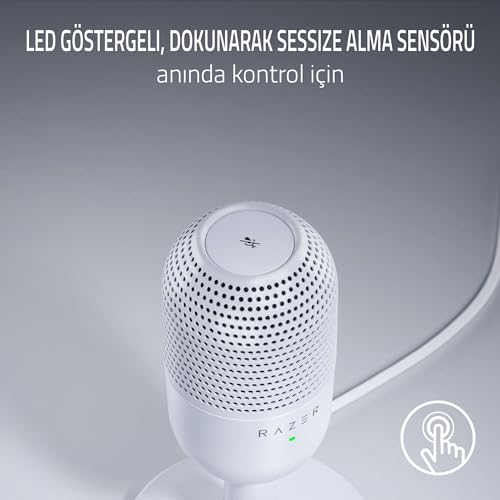 Razer Seiren V3 Mini - Ultra kompakt USB mikrofon (14 mm kondansatörlü mikrofon, süper kardiyot karakteristiği, LED göstergeli dokun-sessiz sensör, entegre amortisör, tak ve çalıştır tasarımı), Beyaz
